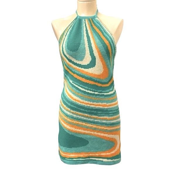 Halter top sweater minidress 60s retro aqua swirl knit, sizes S, M NWT - Picture 2 of 7